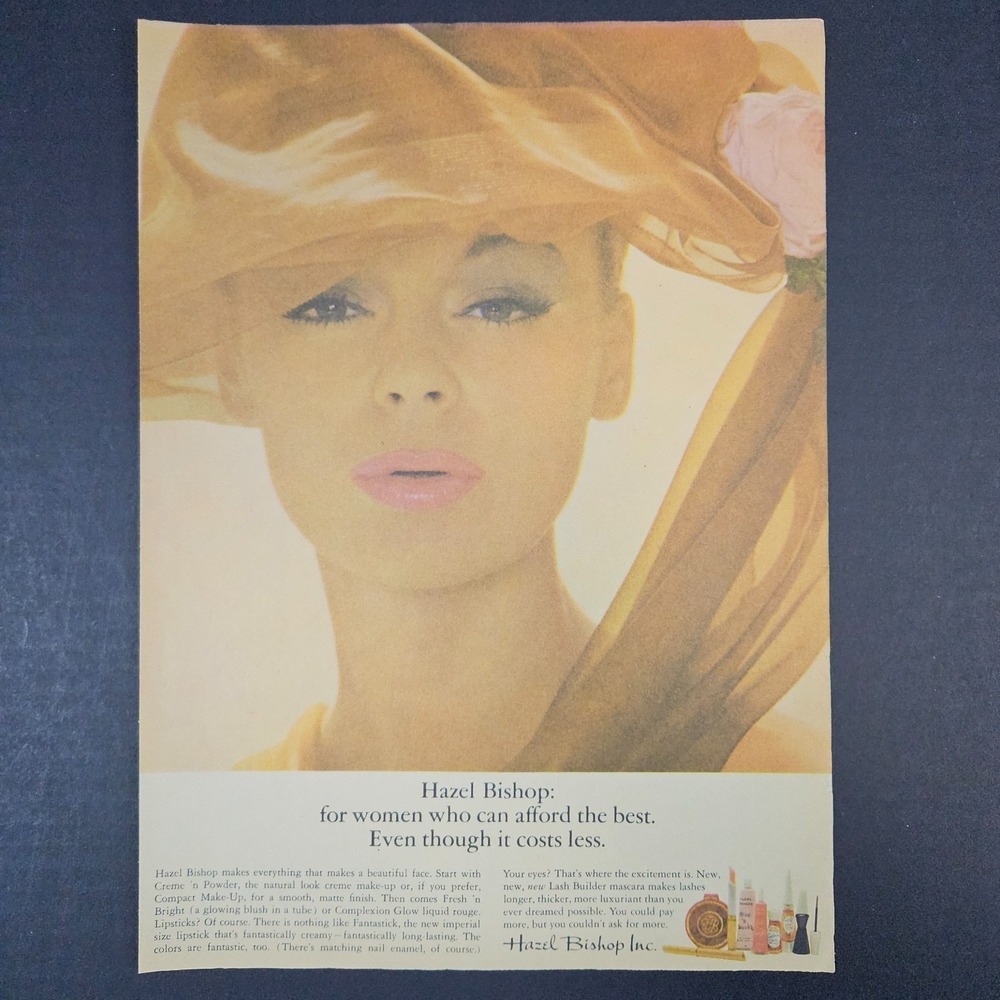 1964 Hazel Bishop Inc Vintage Print Ad  Cosmetics Makeup Lipstick Mascara Powder